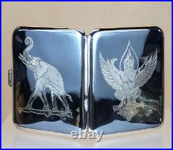 1950s Siam Hand Engraved Sterling Silver Niello Cigarette Case 4 x 3.3 3.2ozt