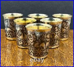 A set of 6 Russian Latvia silver niello beakers cups 50ml size 370 grams