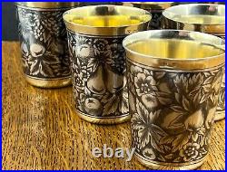 A set of 6 Russian Latvia silver niello beakers cups 50ml size 370 grams