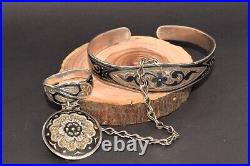 Antique 1950s! Vtg russian SILVER 875 Ring ethno costume bracelet pendant niello