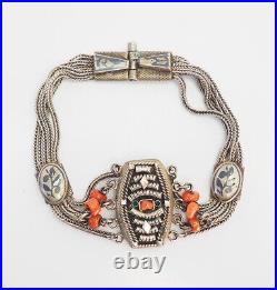 Antique 800 silver coral niello ornate bracelet Middle East