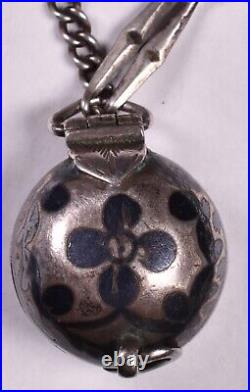 Antique 84 Silver Watch Chain Niello Ball Locket Fob Russia