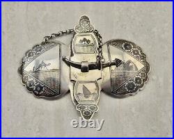 Antique C. 19th Victorian solid silver Niello Middle-eastern Ottoman belt buckle