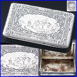 Antique French Sterling Silver Niello Snuff Box, Figural Pastoral Inlay with Horse