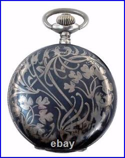 Antique Henry Moser & Cie Art Nouveau Silver Niello Pocket Watch Vintage 1890's