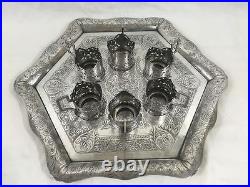 Antique Persian/ Russian Silver & Niello Serving Tray with 6 Teacup Holders