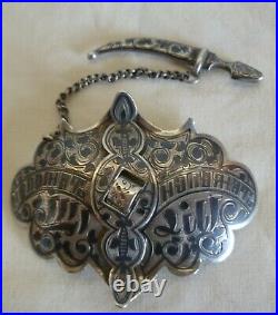 Antique Russian 84 Niello Silver Belt Buckle With A Dagger