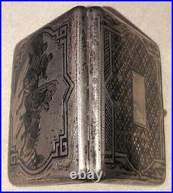 Antique Russian 84 Silver Niello Enamel Cigarette Case Horse Sleigh