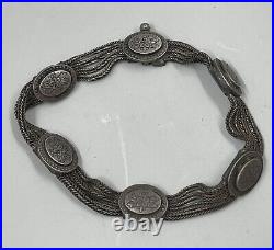 Antique Russian Niello 900 Silver Bracelet Multi Foxtail Chains Strands Oval