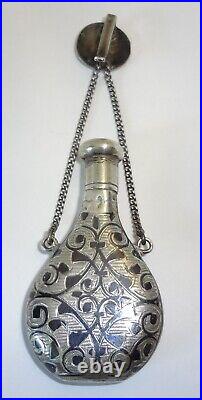 Antique Russian Sterling Silver Niello Chatelaine Perfume Scent Flask Bottle