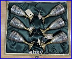 Antique Set Silver Shot Glasses 875 Box 6 Sterling Cup Russian Niello Rare Mark