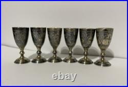 Antique Set Sterling Silver 875 Glasses 6 Cup Niello Win Shot Rare Old 205 gr