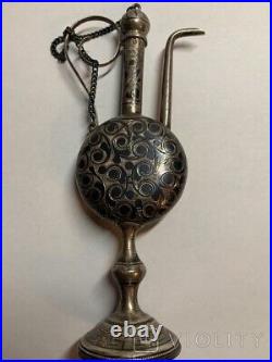 Antique Silver 84 Perfume Bottle Russian Imperial Niello kavkaz Chain Rare 19th
