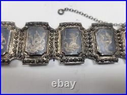 Antique Sterling Silver Niello 6 Panel Made in Siam Gods/Goddesses 6 Bracelet