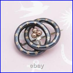 Antique Victorian Niello Rose Gold Star Eternity Knot Loop Silver Brooch Pin