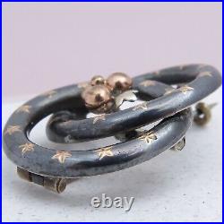 Antique Victorian Niello Rose Gold Star Eternity Knot Loop Silver Brooch Pin