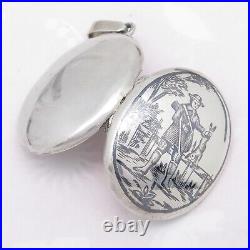 Antique Victorian Niello Scenic Hunting Sterling Silver Large French Locket