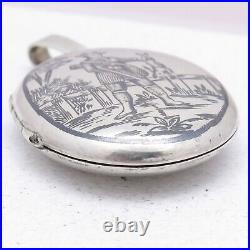 Antique Victorian Niello Scenic Hunting Sterling Silver Large French Locket