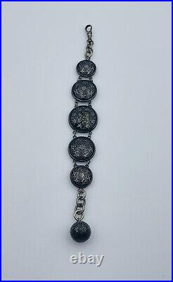 Antique Victorian Sterling Silver Ornate Niello Inlay Fob Long Pendant Bracelet
