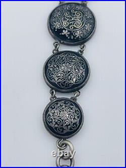 Antique Victorian Sterling Silver Ornate Niello Inlay Fob Long Pendant Bracelet