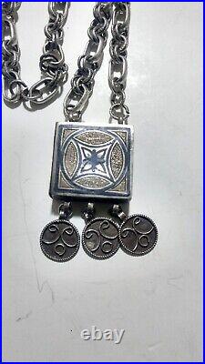 Antique solid silver Niello amulet necklace hand made