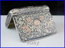 Austrian Silver Niello Gold Snuff Box Cigarette Case Combination, Antique c. 1900