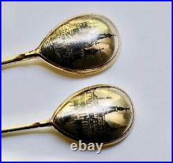 Imperial Russia 84 Silver Niello Gold Wash 2 Spoons, Moscow, S. Levin1875-1897