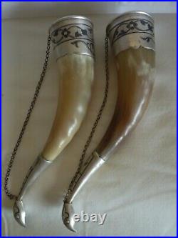 Pair Of Russian Drinking Horn Combined With 875 Niello Silver & Dird Head
