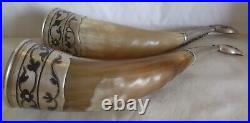 Pair Of Russian Drinking Horn Combined With 875 Niello Silver & Dird Head