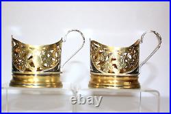 Pair of Russian Soviet Silver Niello Coffee Tea Cup Holder Gilt Floral 875 131gm