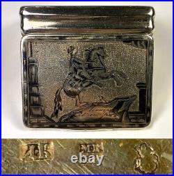 Rare c1823 Russia Sterling Silver Niello Snuff Box, Moscow Marks, Military Horse