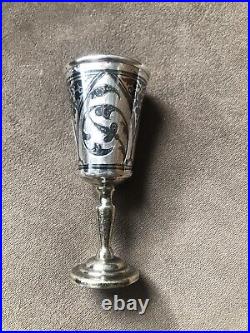 Russian. 875 Silver Niello Vodka Cups. Set Of 3
