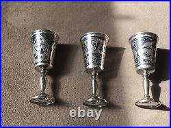 Russian. 875 Silver Niello Vodka Cups. Set Of 3
