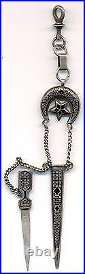 Russian Imp Silver 84 Nielloed Dagger Key Ring / Pocket Watch Caucasus 1899-1905