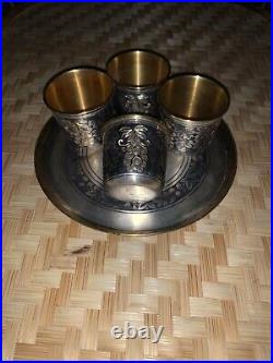 Russian North Silver niello Liqueur set 4 cups + plate silver 875 USSR