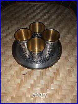 Russian North Silver niello Liqueur set 4 cups + plate silver 875 USSR