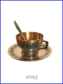 Russian Teacup and saucer Silver 875 North black niello silver Great Ustyug USSR