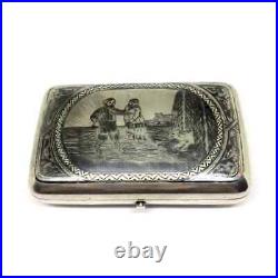 Russian silver snuffbox with niello amazing and rare plot of a meeting with boar