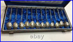 Set of 12 Russian Niello Silver 84 Spoons dated 1880 4 1/4 In Original Case