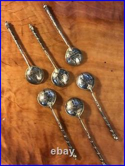 Set of Six Russian Silver & Niello Spoons with building illustrations