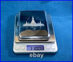 Sterling Silver Siam Niello Temple Cigarette Case 110 Grams Antique 4 wide