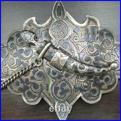 Very Unusual Antique 19th Century Russian 875 Silver Niello Dagger Belt Buckle