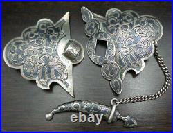 Very Unusual Antique 19th Century Russian 875 Silver Niello Dagger Belt Buckle