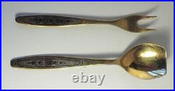 Vintage Russian niello sugar condiment spoon and fork set 875 silver
