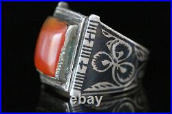 Wonderful Afghan Tribal Antique Niello Silver Ring With Carnelian Stone