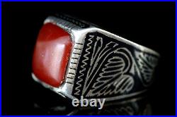 Wonderful Bactarian Tribal Antique Niello Silver Ring With Carnelian Stone